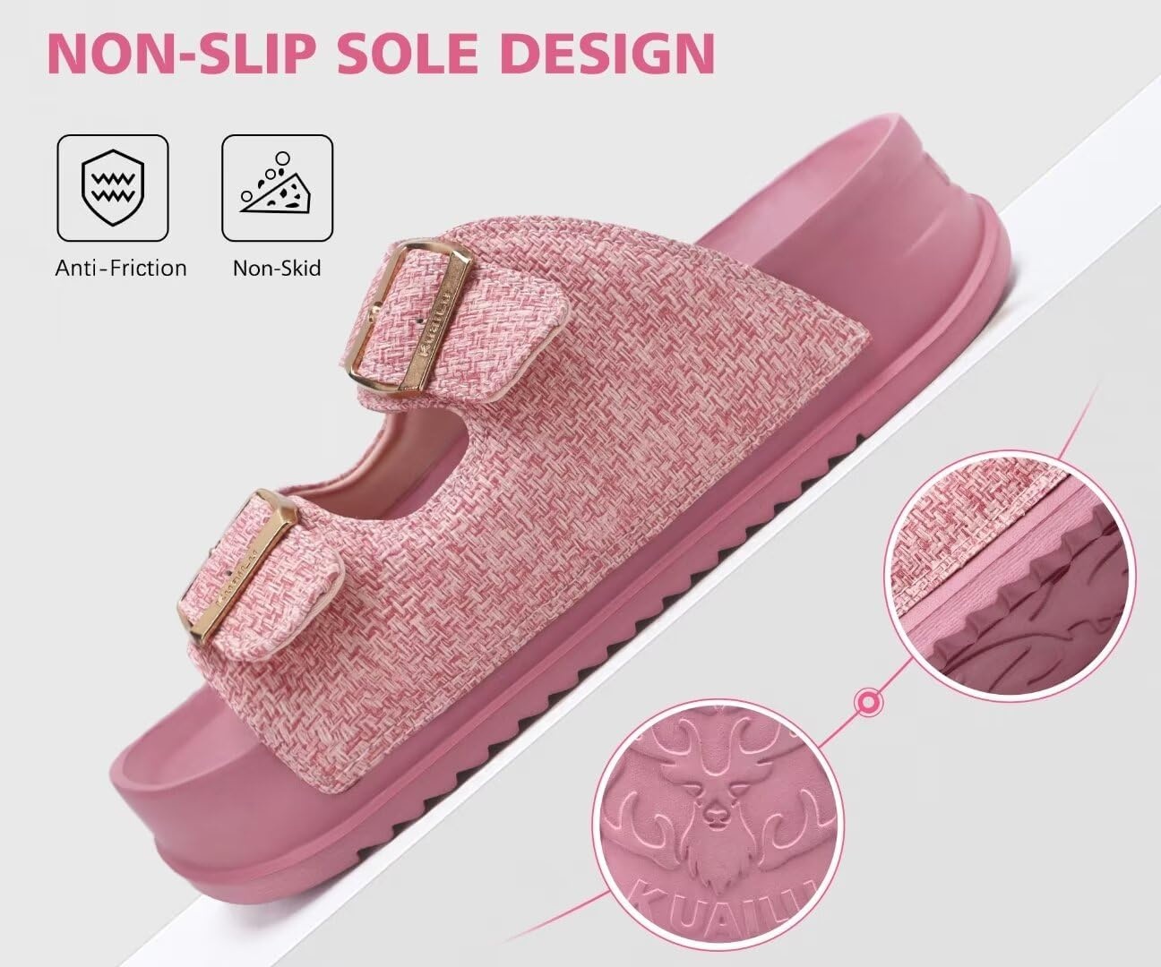 image:imageKuaiLu Womens Sandals with Arch Support Comfortable Orthopedic Cushion Recovery Slides Summer Fashion Leather Double Buckle Casual Slip On Plantar Fasciitis Shoes for IndoorampOutdoor US Size 612Pink
