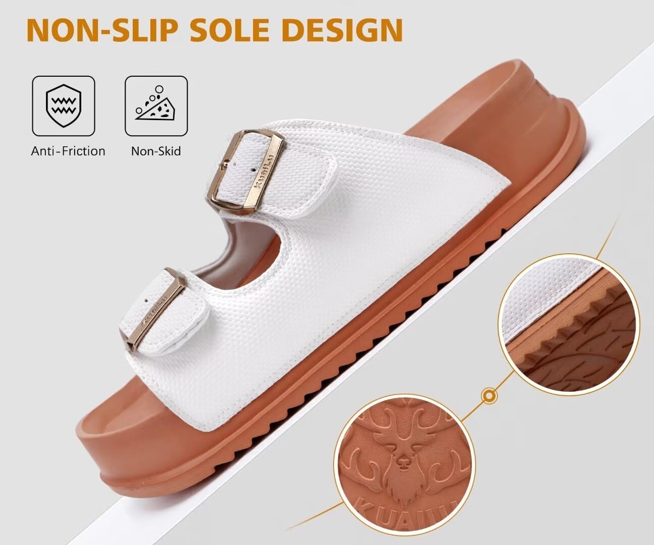 image:imageKuaiLu Womens Sandals with Arch Support Comfortable Orthopedic Cushion Recovery Slides Summer Fashion Leather Double Buckle Casual Slip On Plantar Fasciitis Shoes for IndoorampOutdoor US Size 612White Khaki