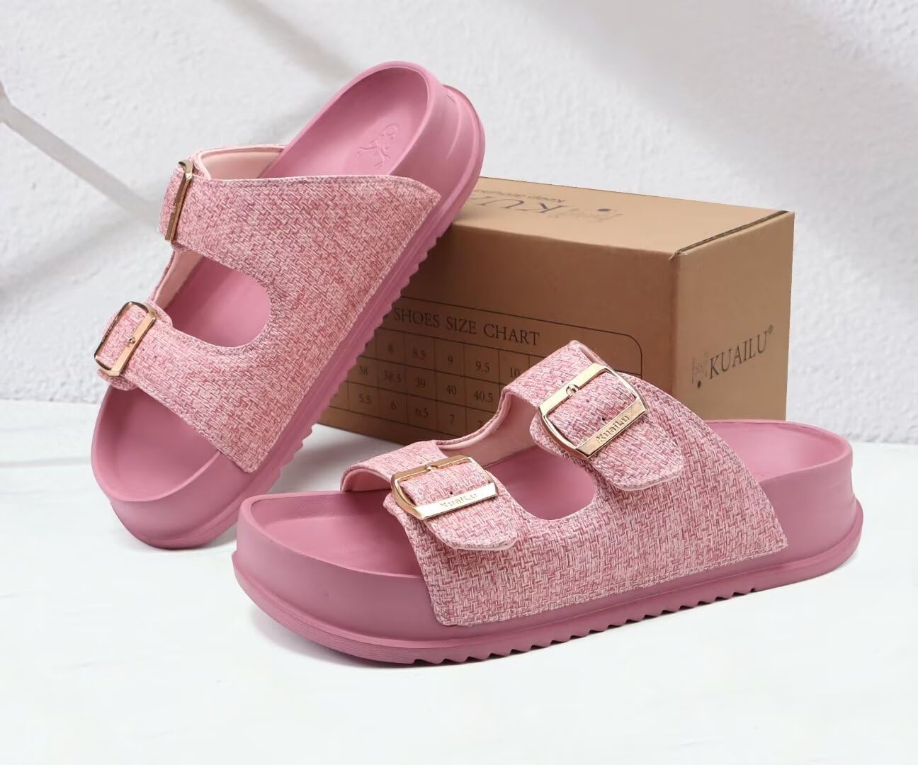image:imageKuaiLu Womens Sandals with Arch Support Comfortable Orthopedic Cushion Recovery Slides Summer Fashion Leather Double Buckle Casual Slip On Plantar Fasciitis Shoes for IndoorampOutdoor US Size 612Pink