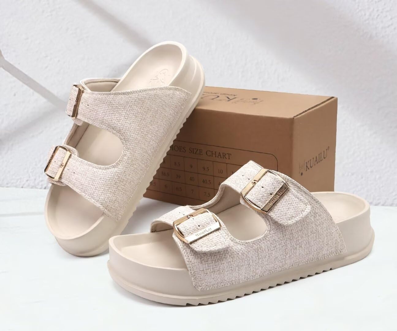 image:imageKuaiLu Womens Sandals with Arch Support Comfortable Orthopedic Cushion Recovery Slides Summer Fashion Leather Double Buckle Casual Slip On Plantar Fasciitis Shoes for IndoorampOutdoor US Size 612White