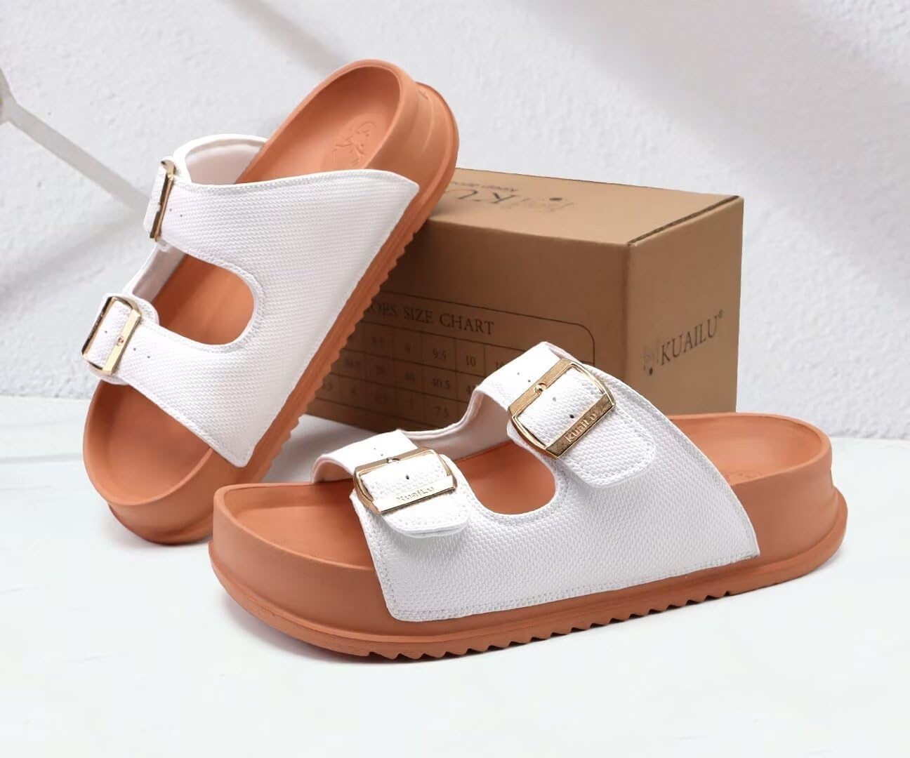 image:imageKuaiLu Womens Sandals with Arch Support Comfortable Orthopedic Cushion Recovery Slides Summer Fashion Leather Double Buckle Casual Slip On Plantar Fasciitis Shoes for IndoorampOutdoor US Size 612White Khaki
