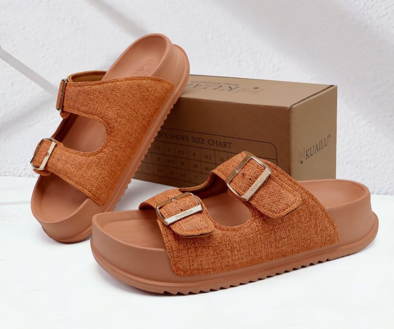 image:imageKuaiLu Womens Sandals with Arch Support Comfortable Orthopedic Cushion Recovery Slides Summer Fashion Leather Double Buckle Casual Slip On Plantar Fasciitis Shoes for IndoorampOutdoor US Size 612Khaki