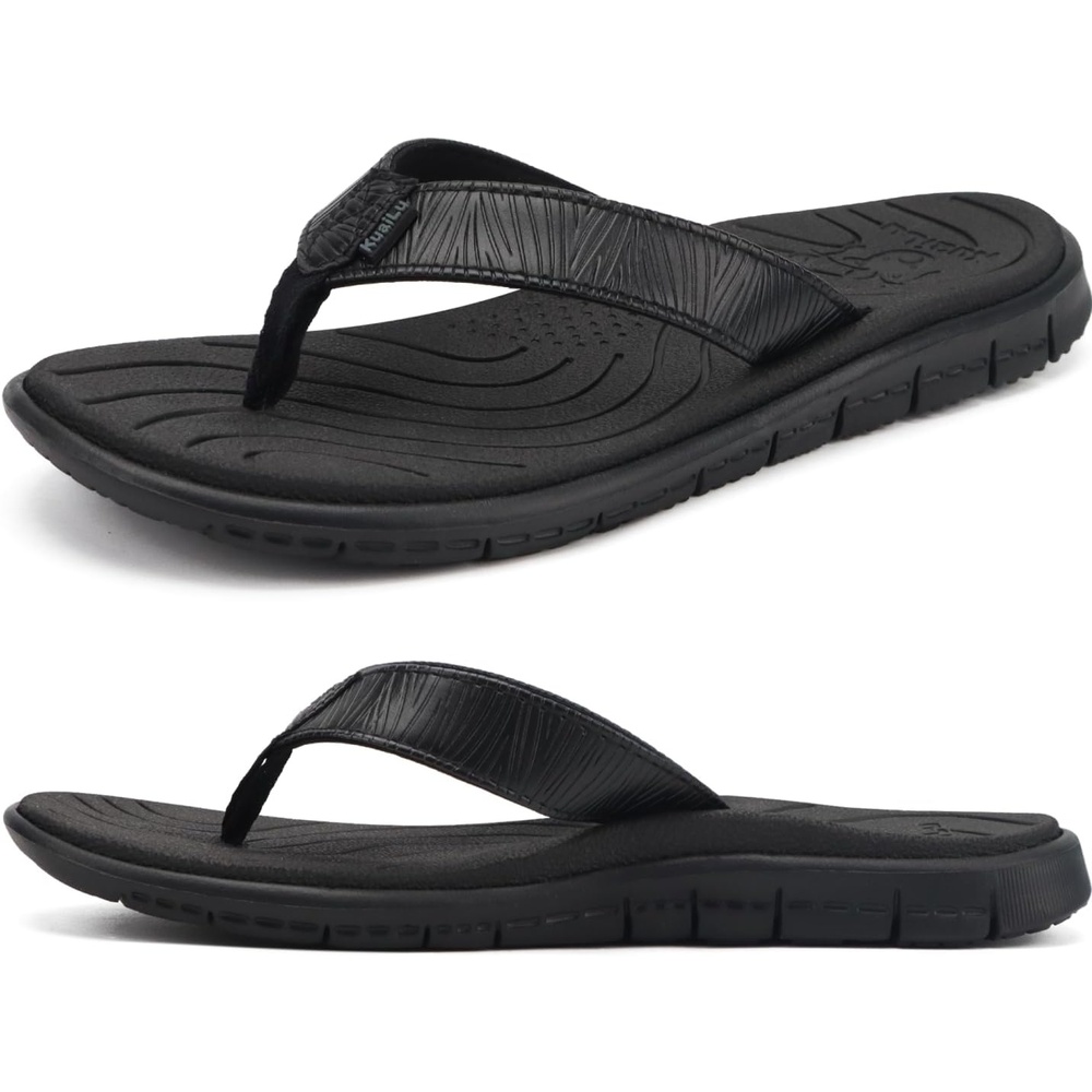 image:imageKuaiLu Comfortable Leather Flip Flops for Women Summer Pool Beach VacationAll Black