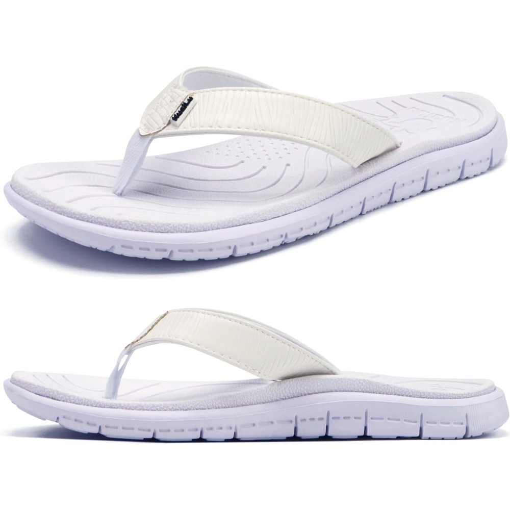 image:imageKuaiLu Comfortable Leather Flip Flops for Women Summer Pool Beach VacationAll White