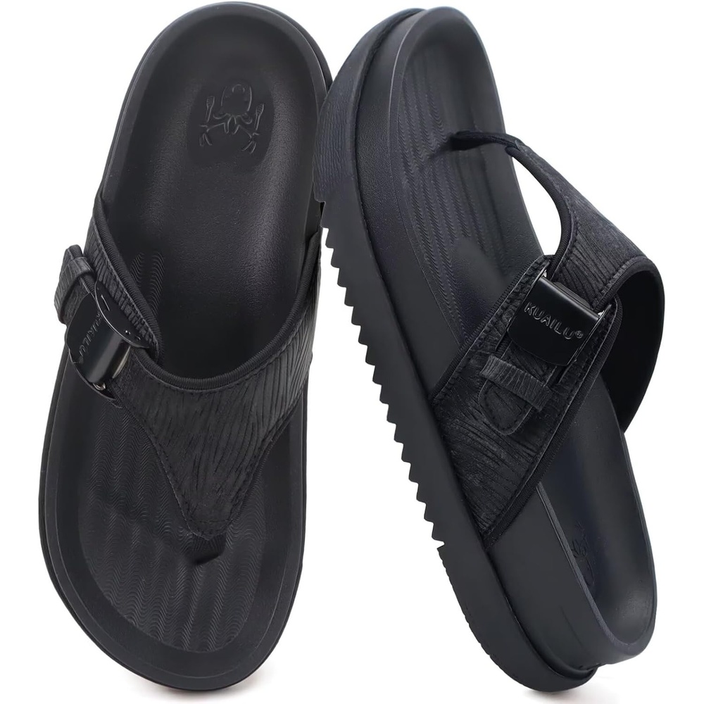 image:imageKuaiLu Flip Flops for Womens Orthopedic Chic Platform Sandals with Arch Support Comfotable Summer Beach Walking Cushion Sandals Open toe Ladies Adjustable Outdoor Sandals Black 8