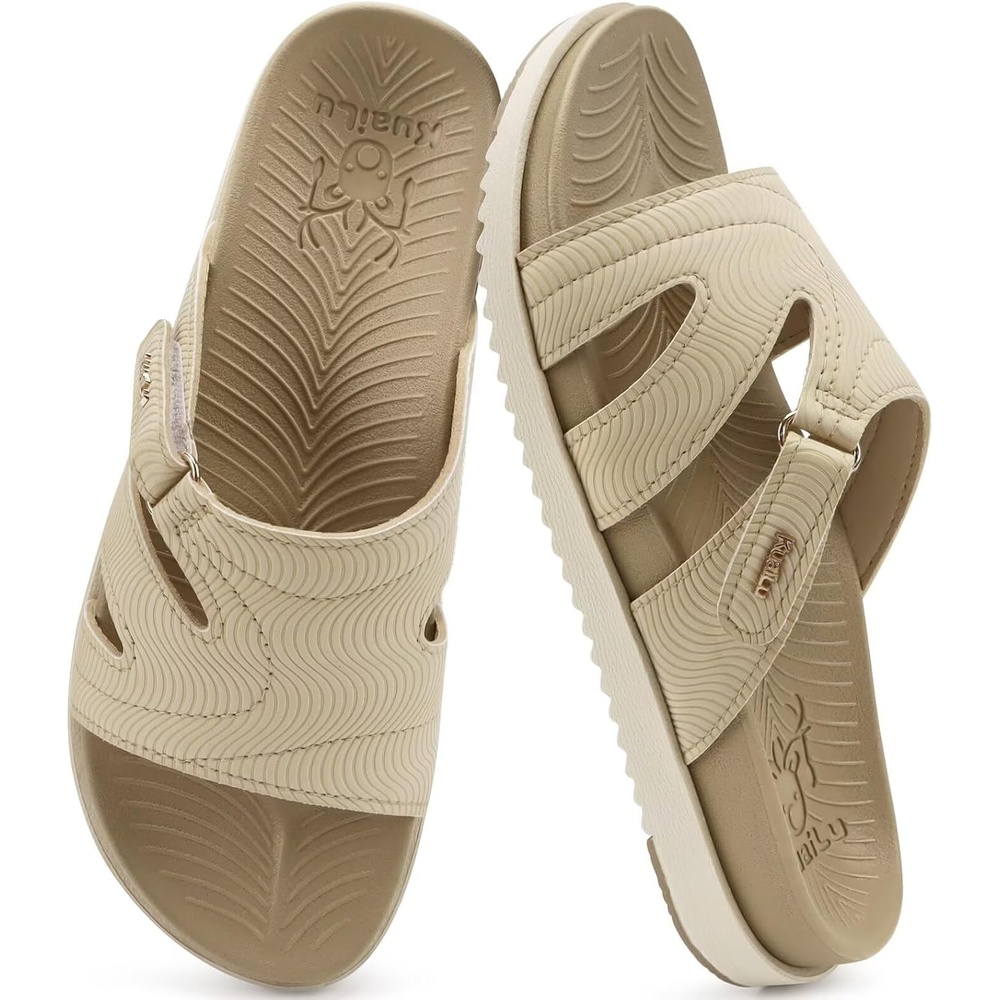 image:imageKuaiLu Womens Dressy Sandals Lightweight Cushion Slides with Arch SupportBeige