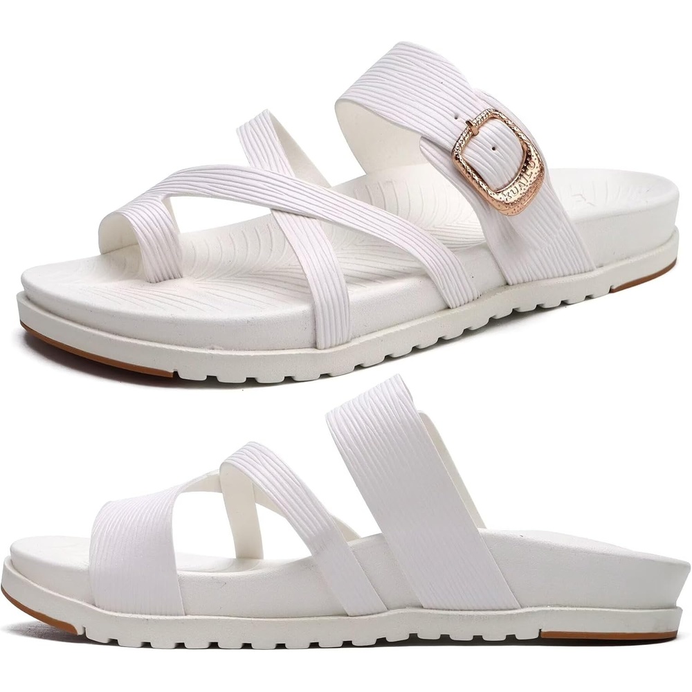 image:imageKuaiLu Womens Orthopedic Sandals With Comfortable Arch Support Cushion Yoga Mat Slides Fashion Summer Beach Flat Sandles Adjustable Open Toe Travel Outdoor Plantar Fasciitis Flip Flops US Size 511Bride White