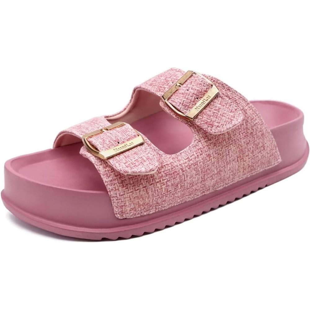 image:imageKuaiLu Womens Sandals with Arch Support Comfortable Orthopedic Cushion Recovery Slides Summer Fashion Leather Double Buckle Casual Slip On Plantar Fasciitis Shoes for IndoorampOutdoor US Size 612Pink
