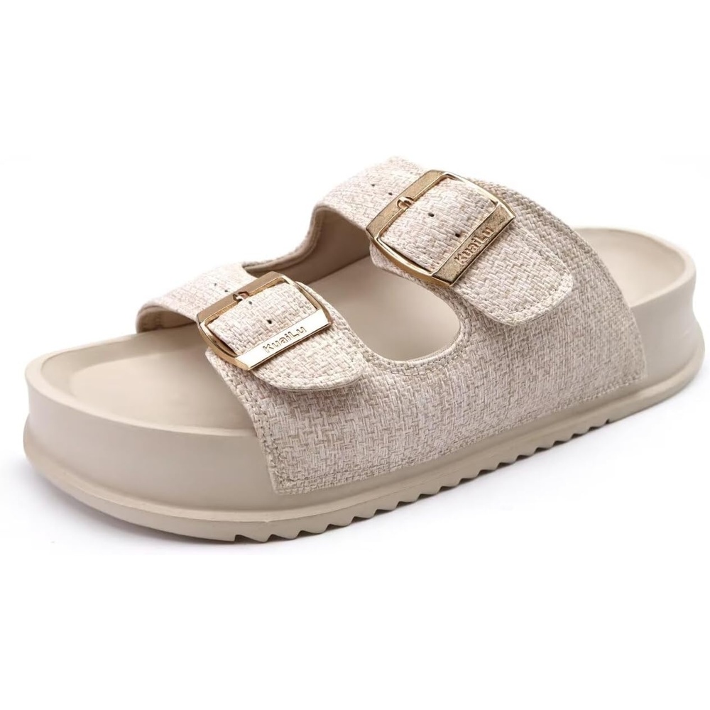 image:imageKuaiLu Womens Sandals with Arch Support Comfortable Orthopedic Cushion Recovery Slides Summer Fashion Leather Double Buckle Casual Slip On Plantar Fasciitis Shoes for IndoorampOutdoor US Size 612White