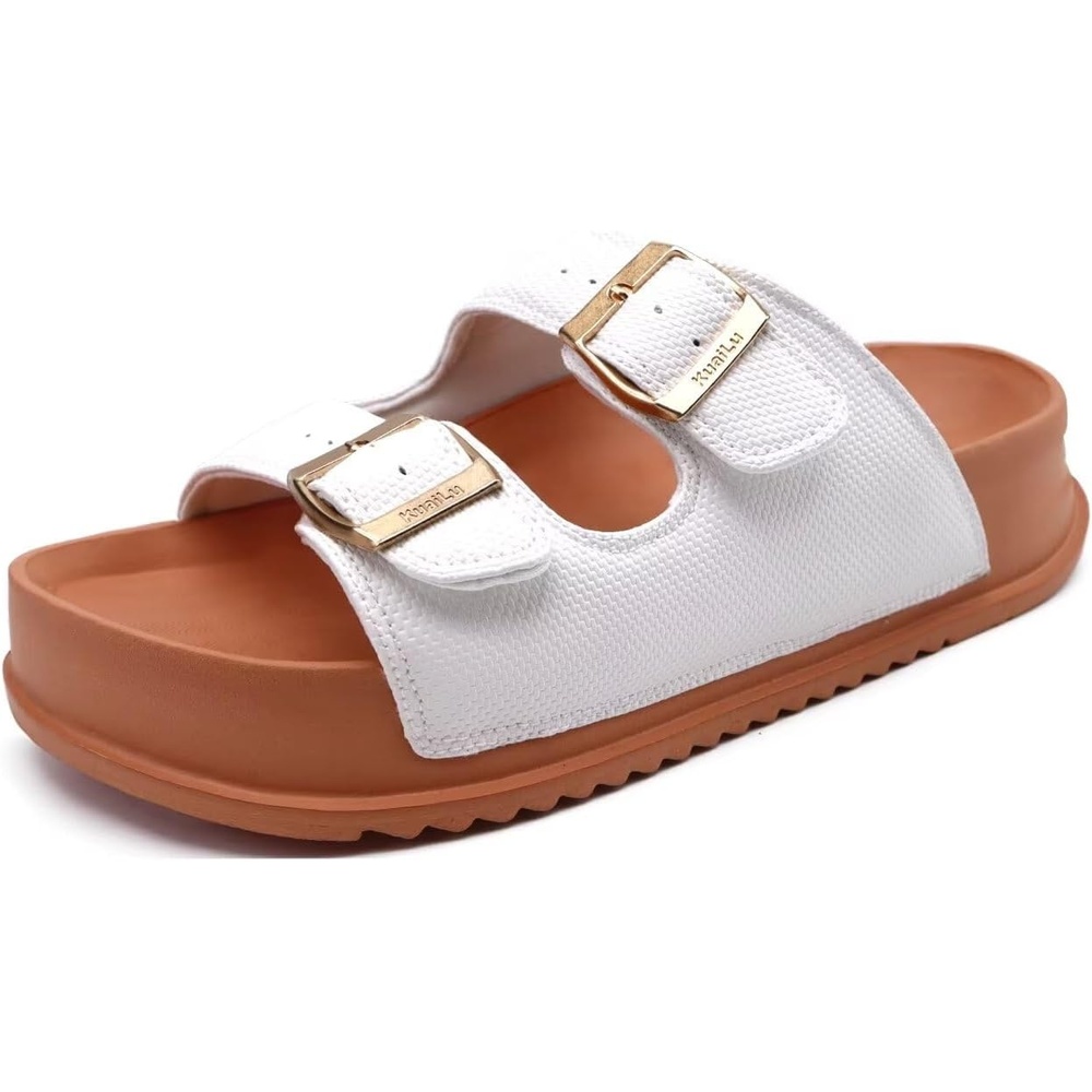 image:imageKuaiLu Womens Sandals with Arch Support Comfortable Orthopedic Cushion Recovery Slides Summer Fashion Leather Double Buckle Casual Slip On Plantar Fasciitis Shoes for IndoorampOutdoor US Size 612White Khaki