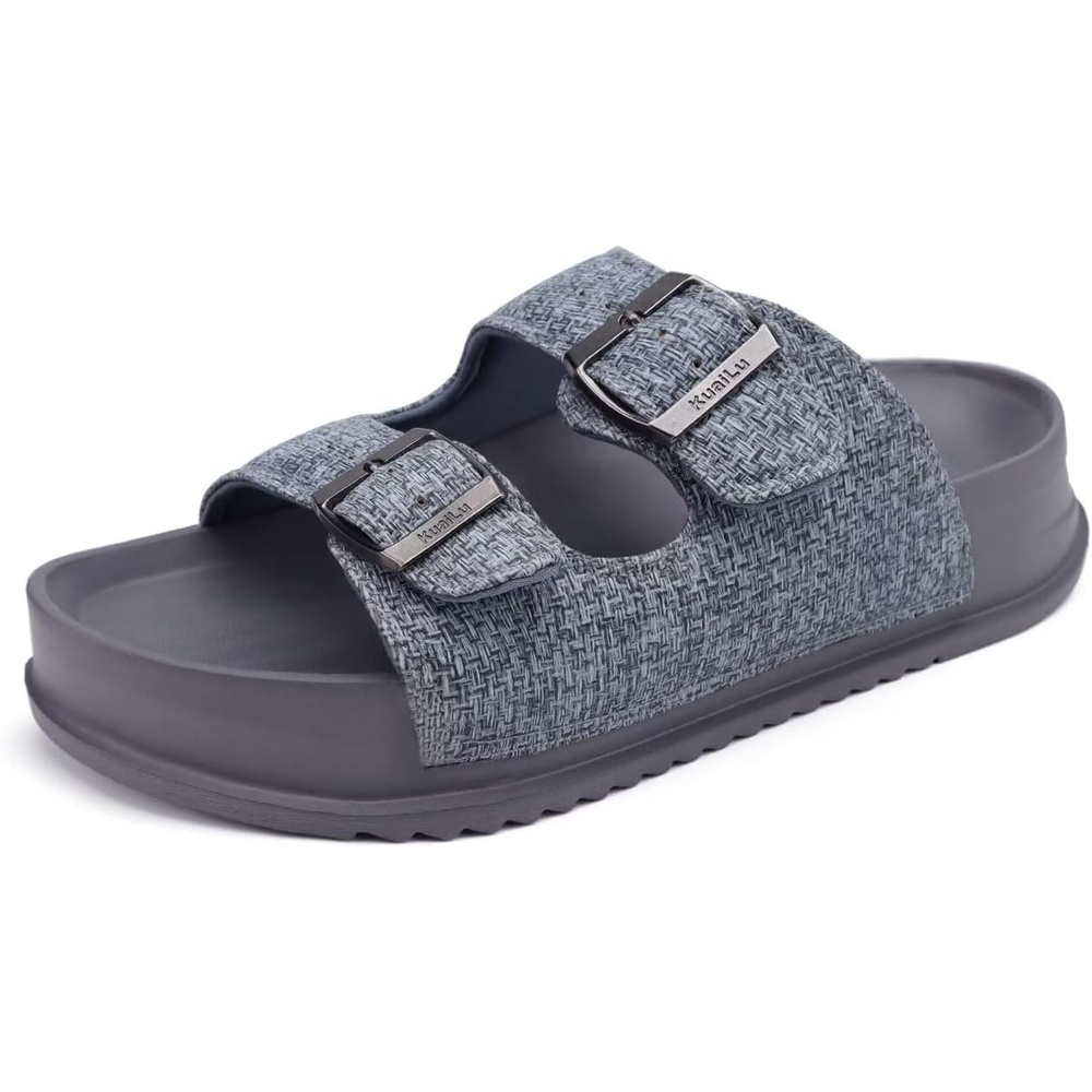 image:imageKuaiLu Womens Sandals with Arch Support Comfortable Orthopedic Cushion Recovery Slides Summer Fashion Leather Double Buckle Casual Slip On Plantar Fasciitis Shoes for IndoorampOutdoor US Size 612Grey