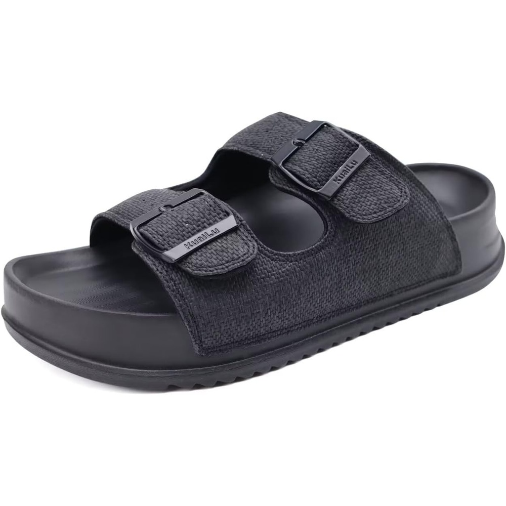 image:imageKuaiLu Womens Sandals with Arch Support Comfortable Orthopedic Cushion Recovery Slides Summer Fashion Leather Double Buckle Casual Slip On Plantar Fasciitis Shoes for IndoorampOutdoor US Size 612Black