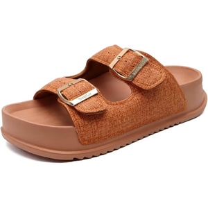 KuaiLu Womens Sandals with Arch Support Comfortable Orthopedic Cushion Recovery Slides Summer Fashion Leather Double Buckle Casual Slip On Plantar Fasciitis Shoes for Indoor&Outdoor (US Size 6-12)(Khaki)