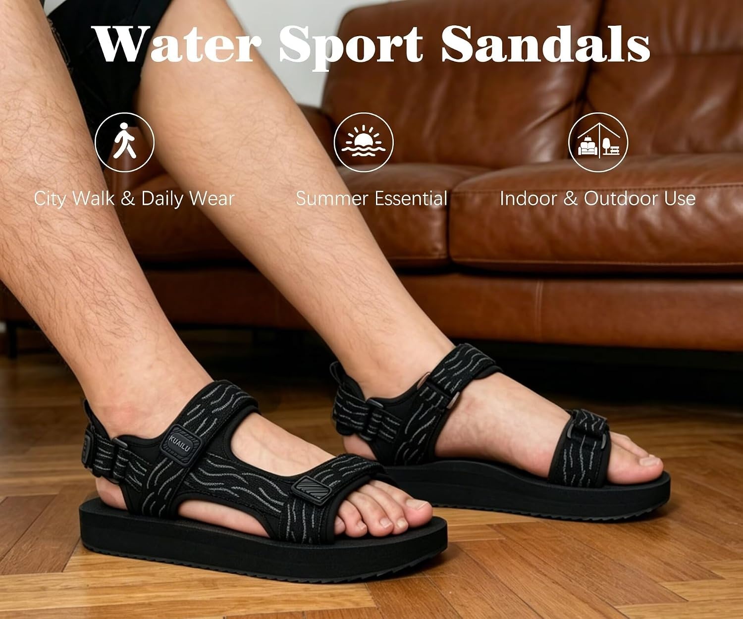 image:imageKuaiLu Mens Walking Sandals with Arch Support Adjustable amp LightweightBlack