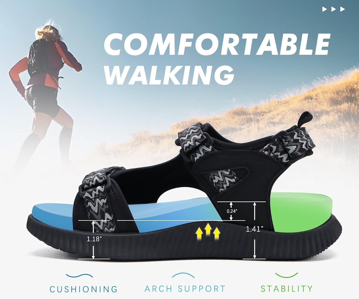 image:imageKuaiLu Womens Orthopedic Walking Sandals with Comfortable Arch SupportAll Black