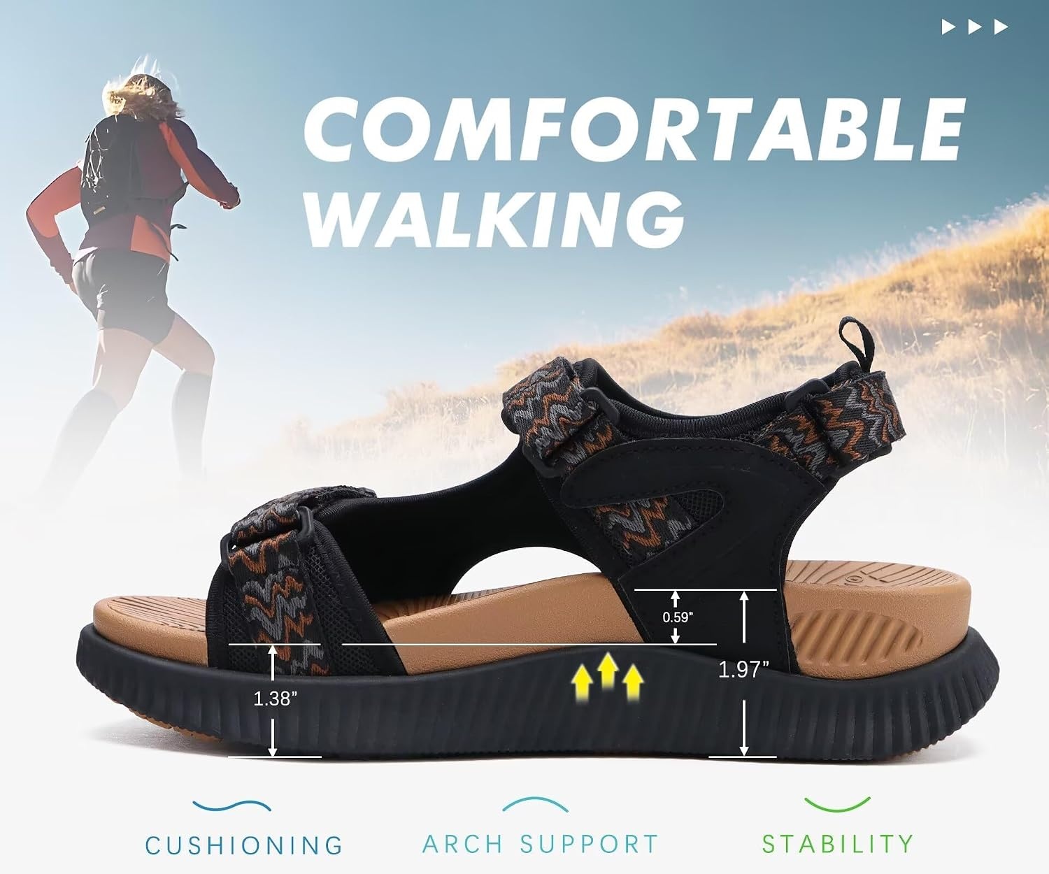 image:imageKuaiLu Womens Orthopedic Walking Sandals with Comfortable Arch SupportBlack Khaki