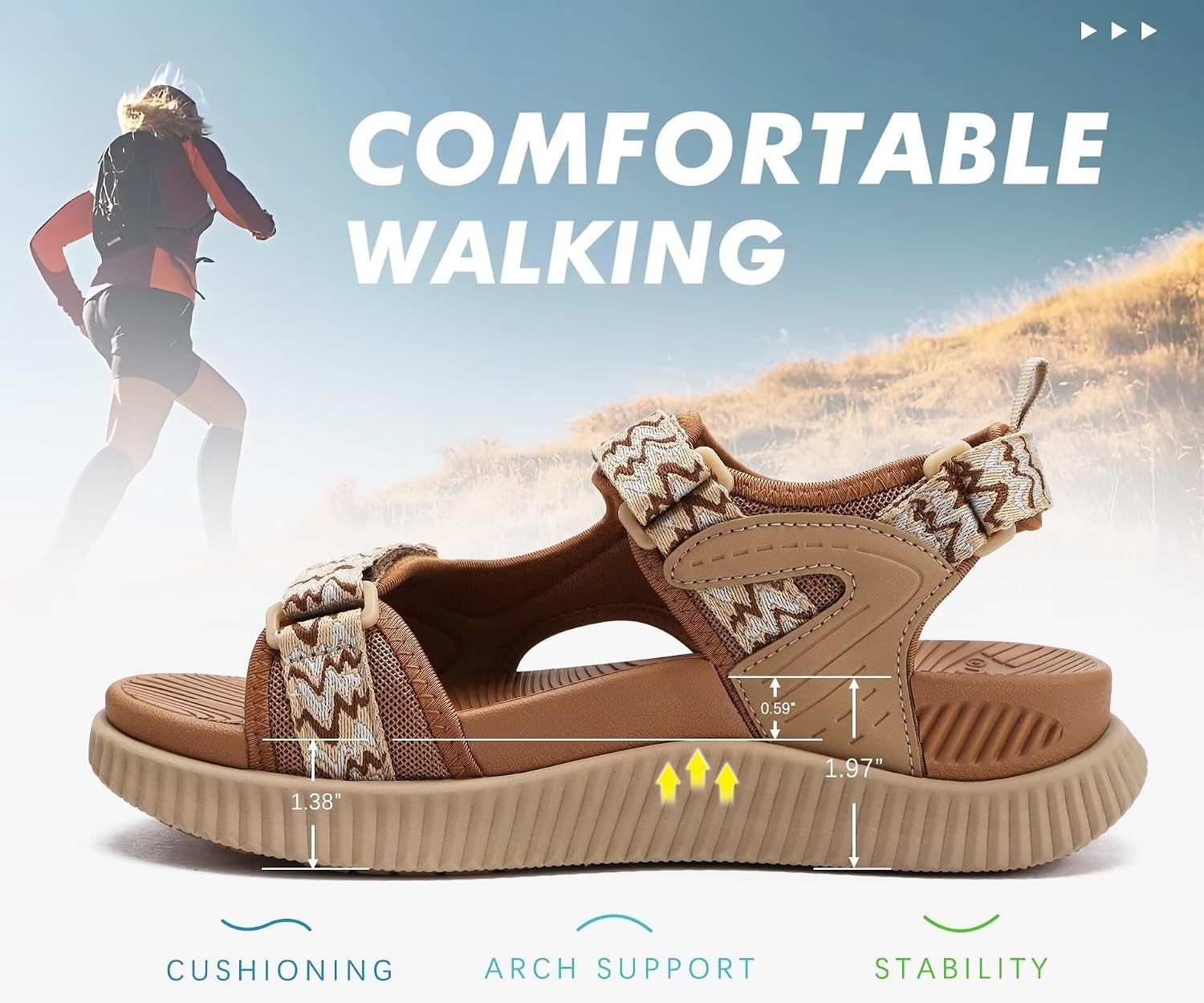 image:imageKuaiLu Womens Orthopedic Walking Sandals with Comfortable Arch SupportKhaki