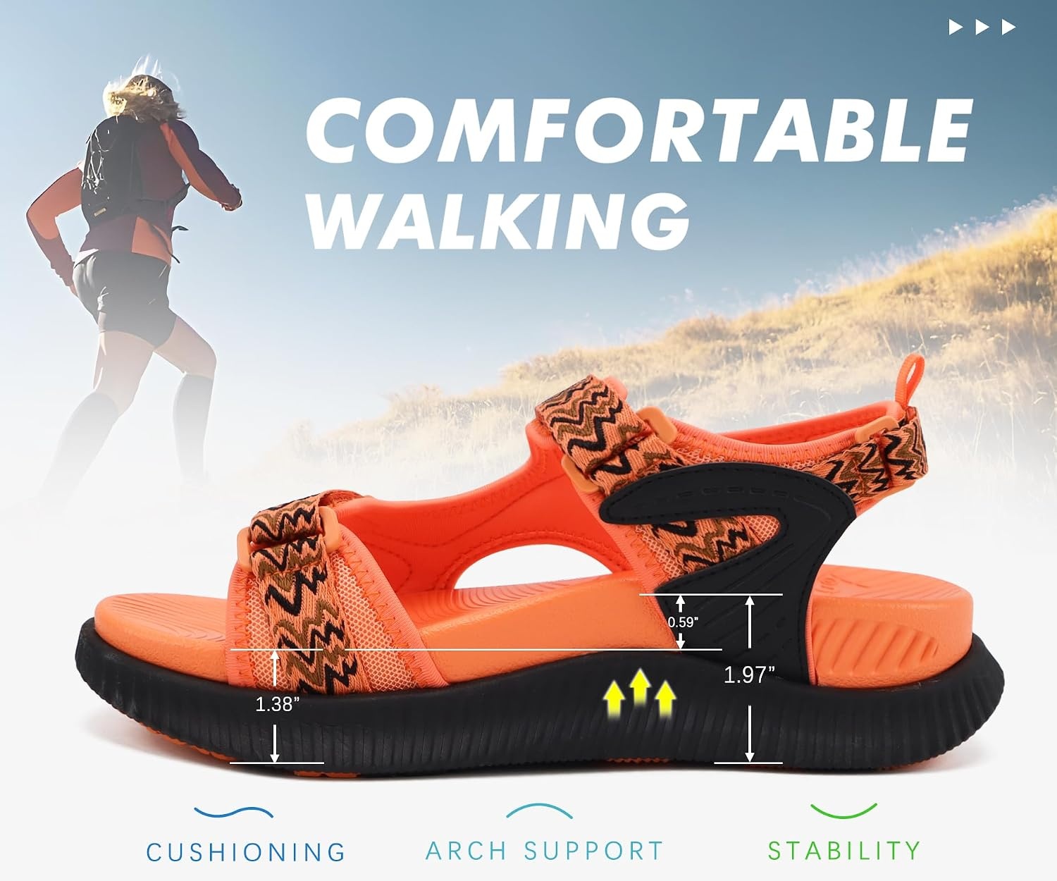 image:imageKuaiLu Womens Orthopedic Walking Sandals with Comfortable Arch SupportOrange Black