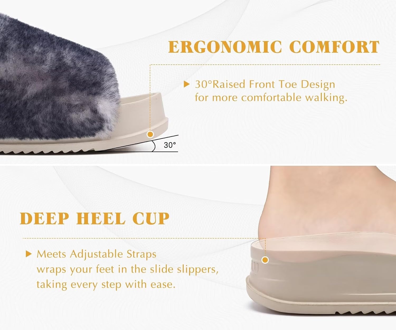 image:imageKuaiLu Womens Orthotic Sandals Comfortable Plantar Fasciitis Arch Support Faux Fur Sandal Slippers For Woman Adjustable Cushion Slides Slip On Indoor Outdoor Memory Foam House Shoes Black White 8