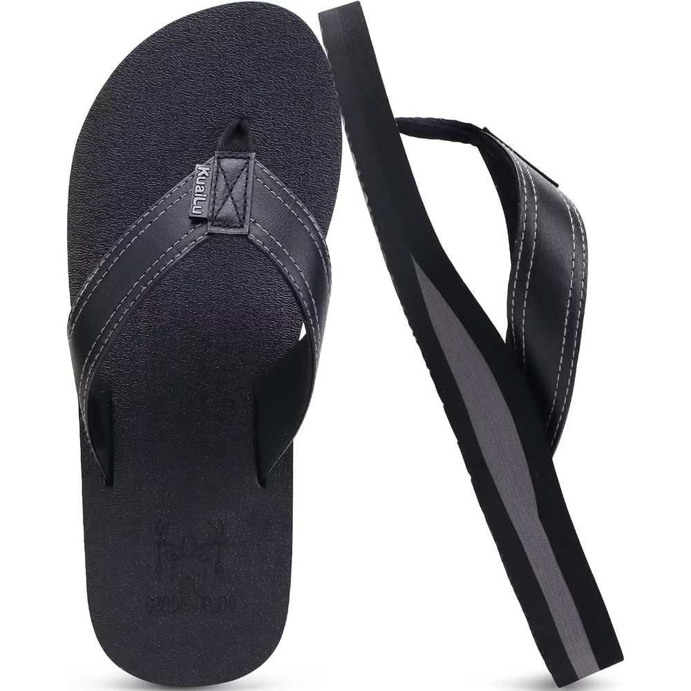 image:imageKuaiLu Mens Faux Leather Flip Flops with Comfortable Arch SupportBlack