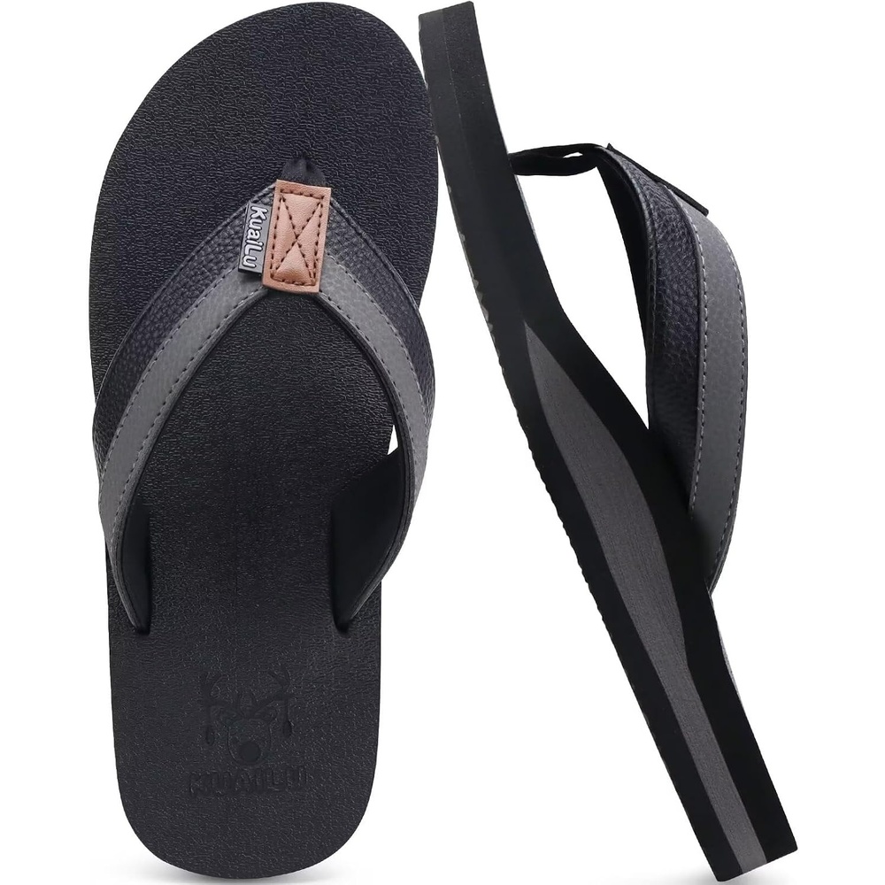 image:imageKuaiLu Mens Faux Leather Flip Flops with Comfortable Arch SupportBlack Grey