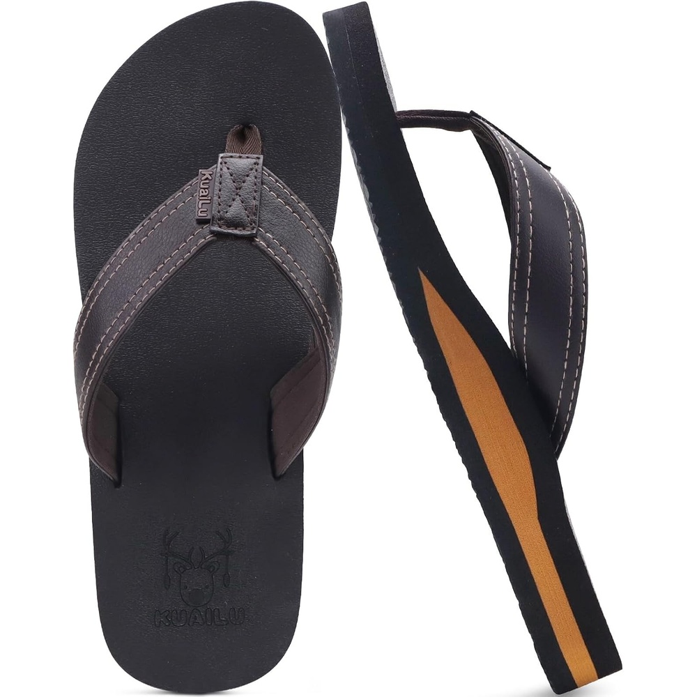 image:imageKuaiLu Mens Faux Leather Flip Flops with Comfortable Arch SupportBrown