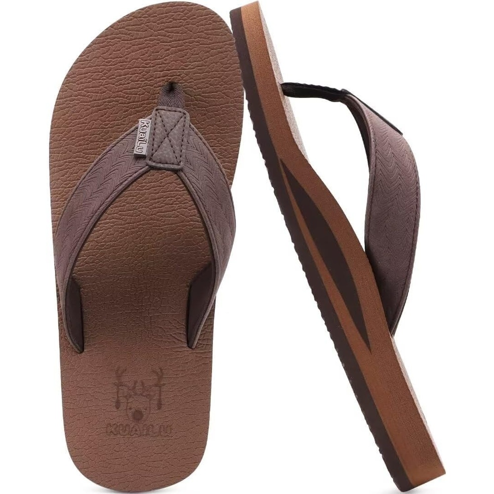image:imageKuaiLu Mens Faux Leather Flip Flops with Comfortable Arch SupportCoffee
