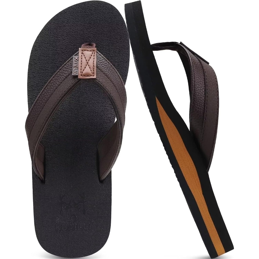 image:imageKuaiLu Mens Faux Leather Flip Flops with Comfortable Arch SupportDark Brown