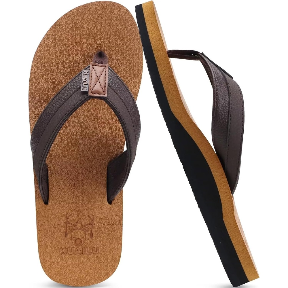 image:imageKuaiLu Mens Faux Leather Flip Flops with Comfortable Arch SupportKhaki