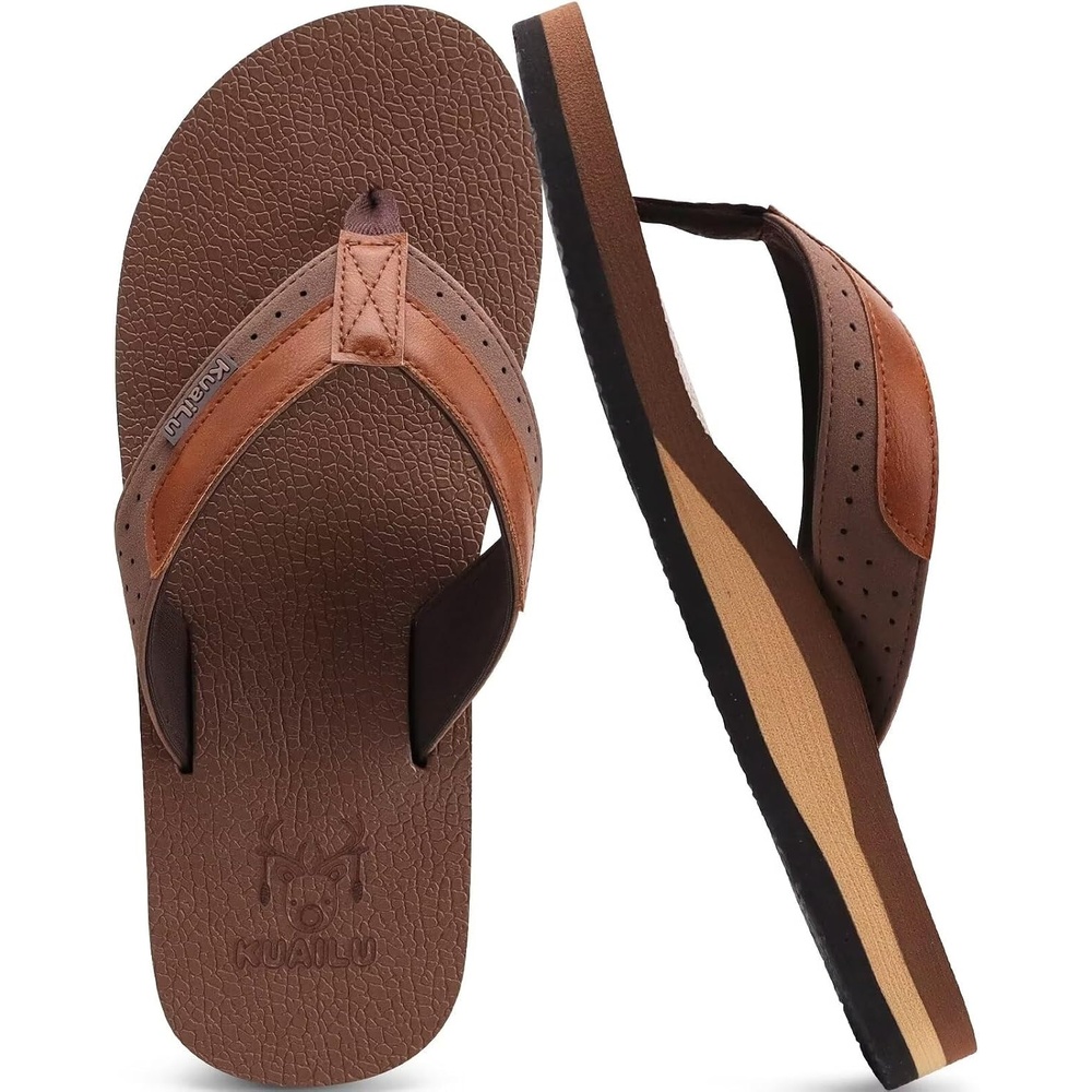 image:imageKuaiLu Mens Faux Leather Flip Flops with Comfortable Arch SupportReddish Brown