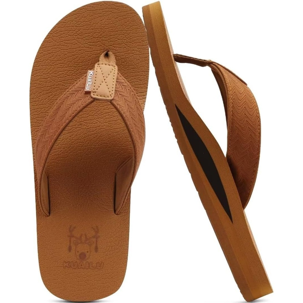 image:imageKuaiLu Mens Faux Leather Flip Flops with Comfortable Arch SupportTan