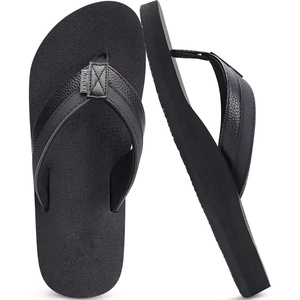 KuaiLu Mens Faux Leather Flip Flops with Comfortable Arch Support(All Black)