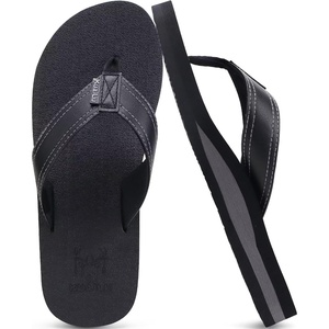 KuaiLu Mens Faux Leather Flip Flops with Comfortable Arch Support(Black)