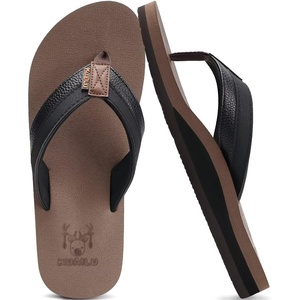 KuaiLu Mens Faux Leather Flip Flops with Comfortable Arch Support(Black Brown)