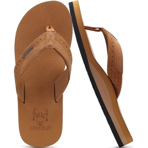 KuaiLu Mens Faux Leather Flip Flops with Comfortable Arch Support(Bright Brown)