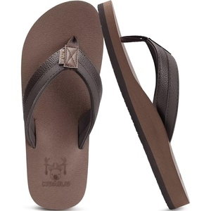 KuaiLu Mens Faux Leather Flip Flops with Comfortable Arch Support(Brown Reddish)