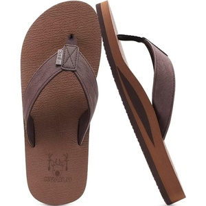 KuaiLu Mens Faux Leather Flip Flops with Comfortable Arch Support(Coffee)