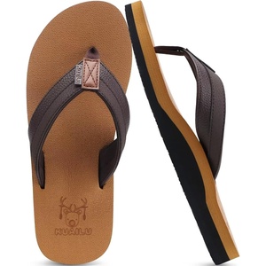 KuaiLu Mens Faux Leather Flip Flops with Comfortable Arch Support(Khaki)