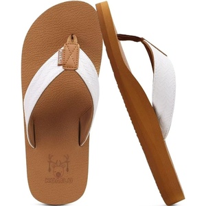 KuaiLu Mens Faux Leather Flip Flops with Comfortable Arch Support(Khaki White)