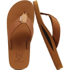 KuaiLu Mens Faux Leather Flip Flops with Comfortable Arch Support(Tan)