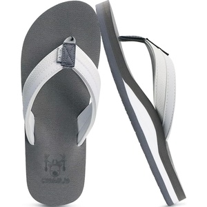KuaiLu Mens Faux Leather Flip Flops with Comfortable Arch Support(White Grey)