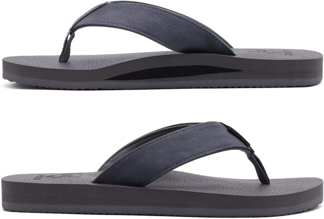 image:imageKuaiLu Mens Faux Leather Flip Flops with Comfortable Arch SupportDark Grey