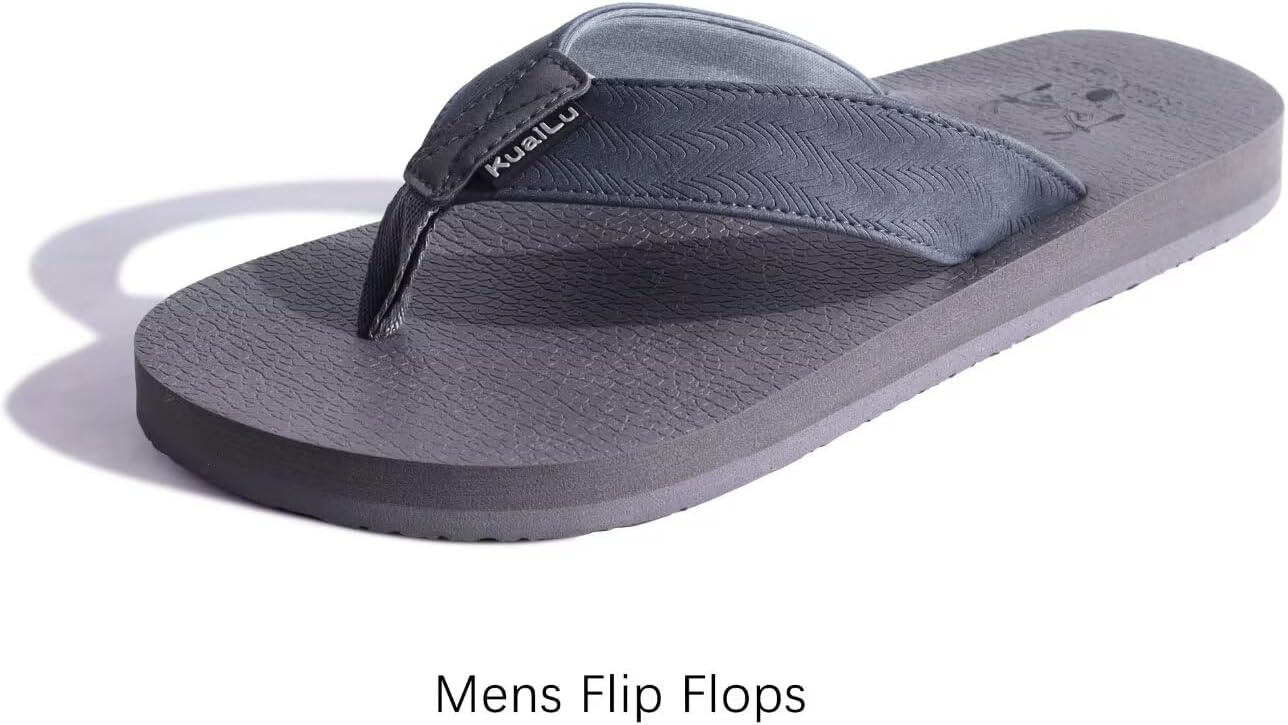 image:imageKuaiLu Mens Faux Leather Flip Flops with Comfortable Arch SupportDark Grey