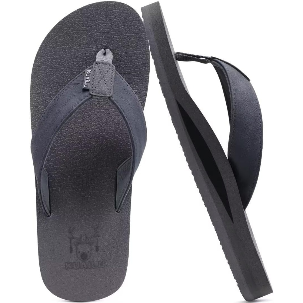 image:imageKuaiLu Mens Faux Leather Flip Flops with Comfortable Arch SupportDark Grey
