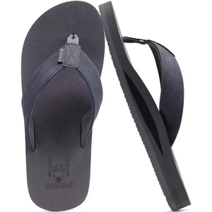 KuaiLu Mens Faux Leather Flip Flops with Comfortable Arch Support(Dark Grey)