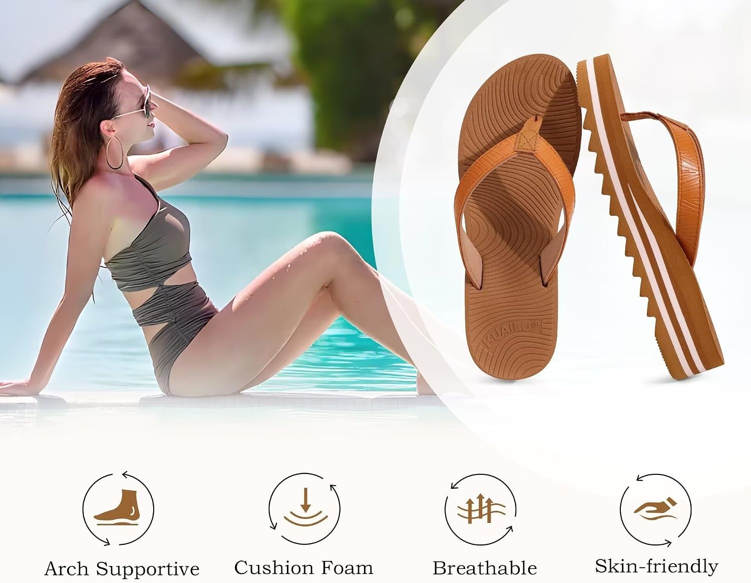 image:imageKuaiLu Flip Flops for Women With Arch Support Ladies Soft Yoga Mat Cushion Platform Thong Sandals Dressy Womans Lightweight Summer Slip On Beach Flip Flop Sandles Khaki US9