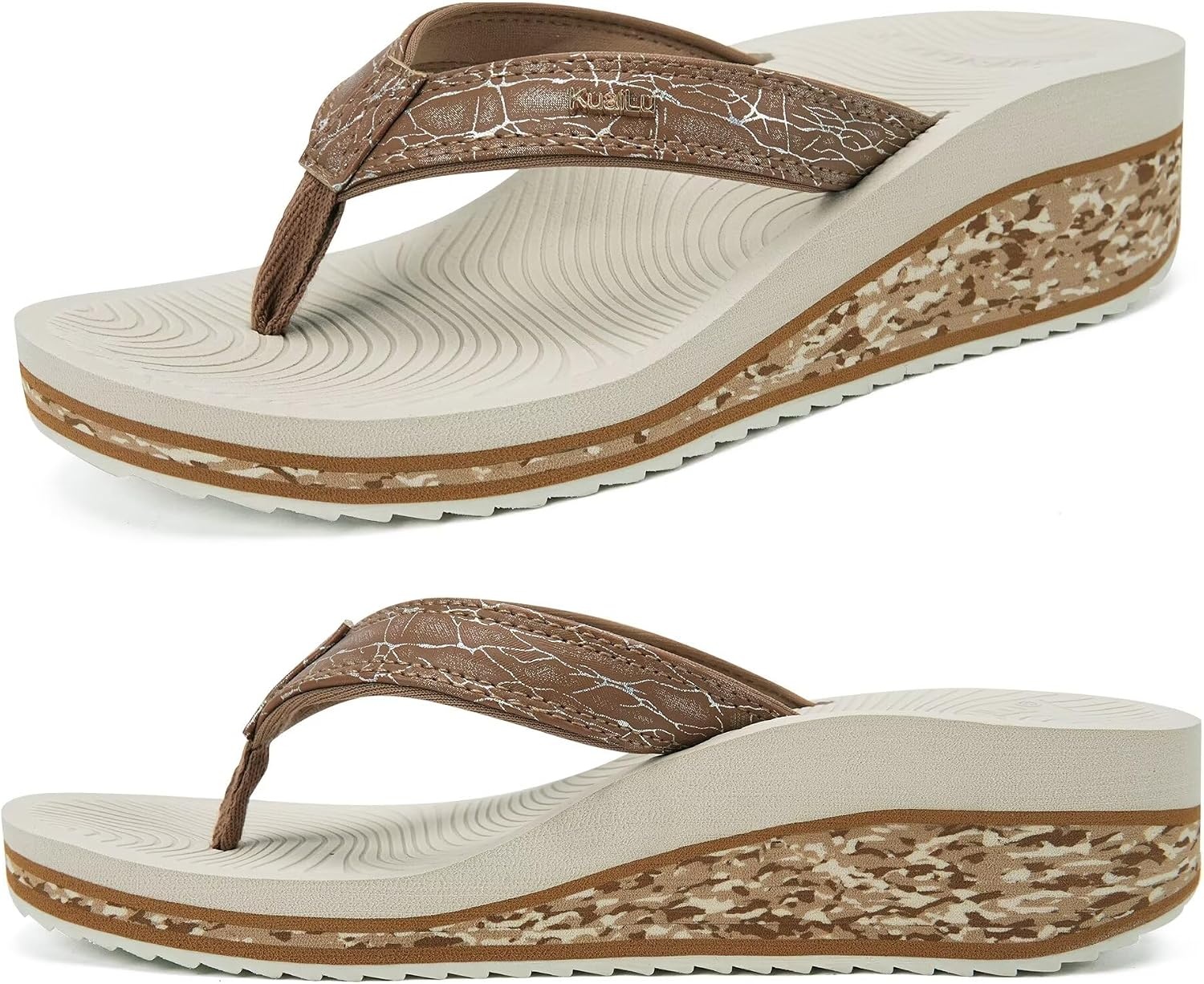 image:imageKuaiLu Womens Platform Flip Flops Arch Support Yoga Mat Boho Dressy SandalKhaki Beige
